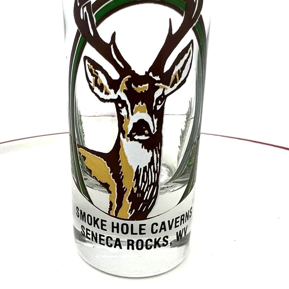 Smoke Hole Caverns Seneca Rock WV Souvenir Shot Glass White‎ Tail Deer Antlers